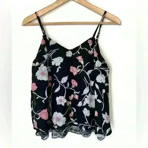 Another Story Womens Black Pink Floral Lace Cami Top Lace Trim Romantic XS